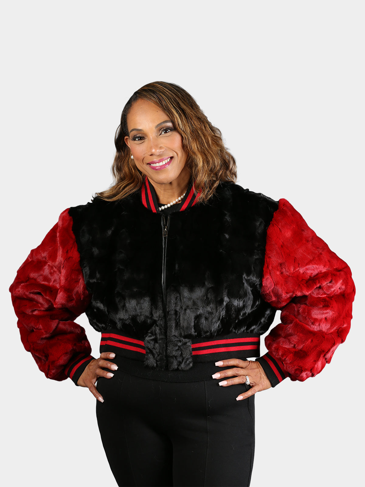 Women's Black & Red Mink Section Fur Baseball Jacket