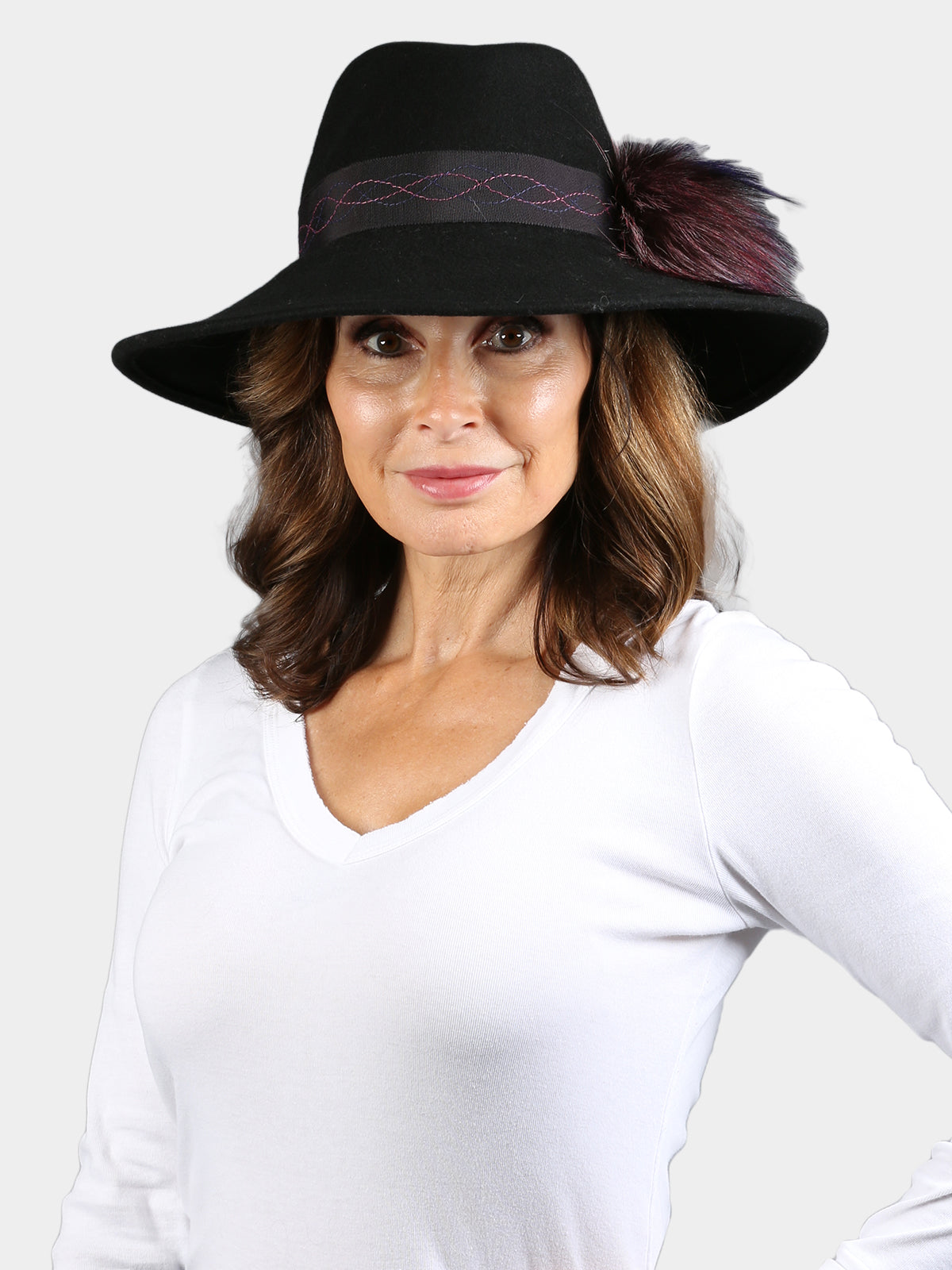 Women's Black Felt Hat with Dyed Silver Fox Trim
