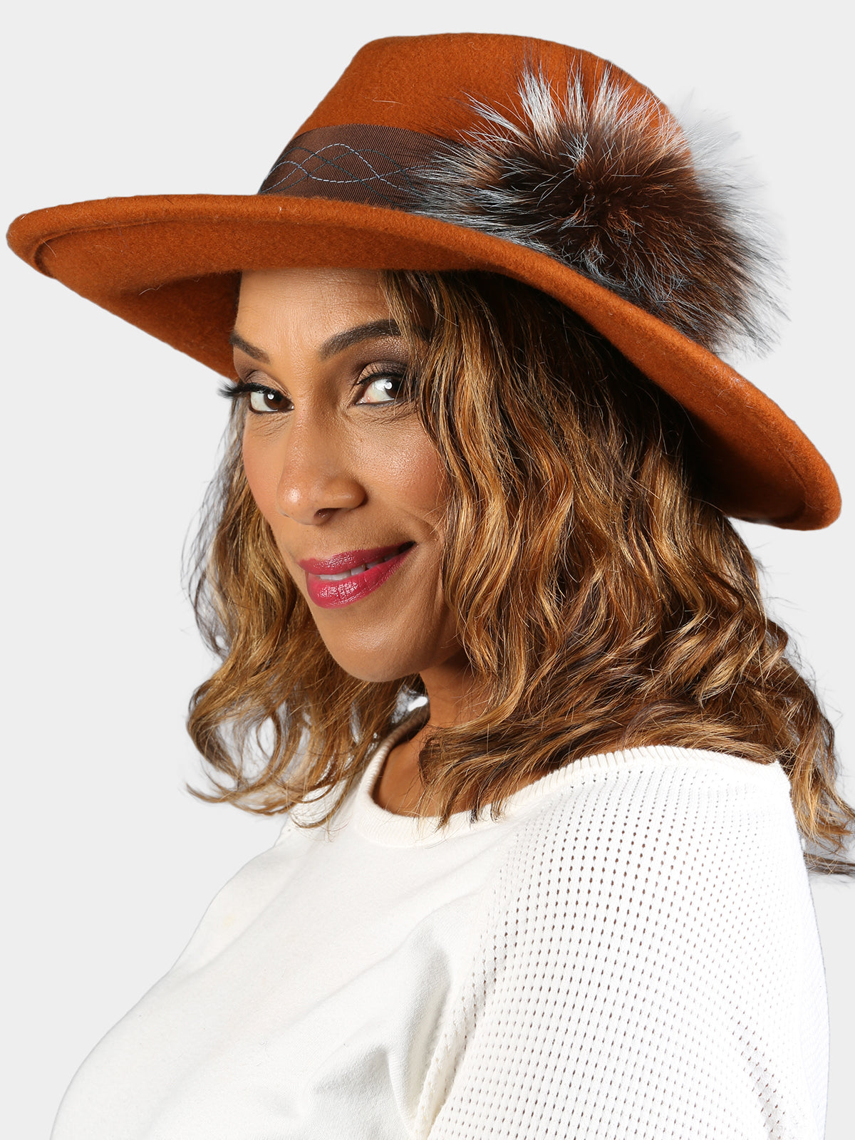 Women's Rust Felt Hat with Dyed Silver Fox Trim