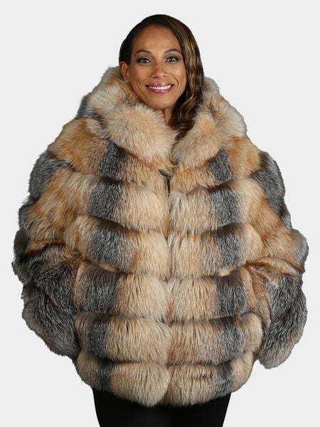 Woman's Red Fox Ombre Fur Jacket With Hood