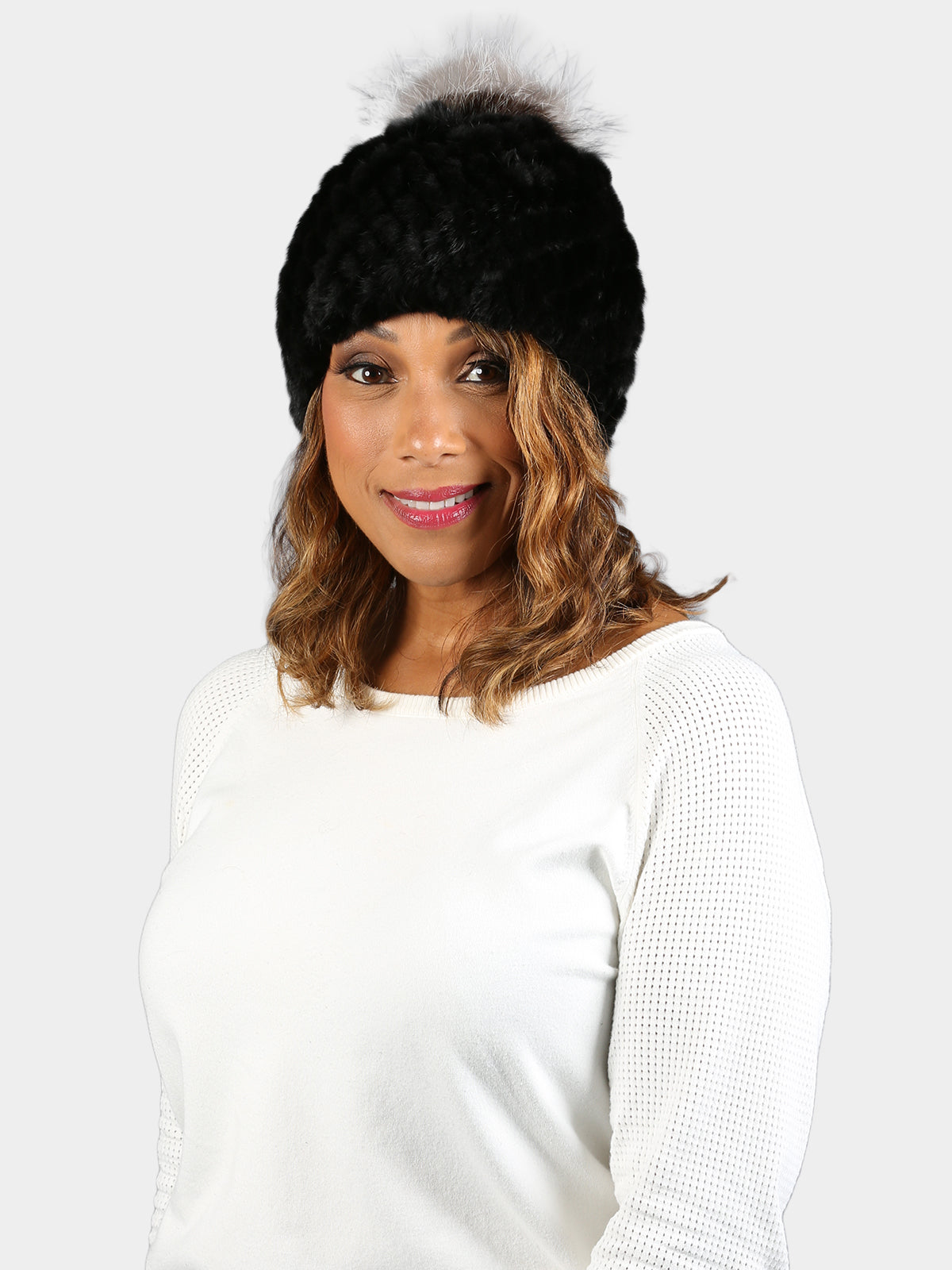 Women's Black Knitted Mink Fur Hat with Natural Silver Fox Fur Pom