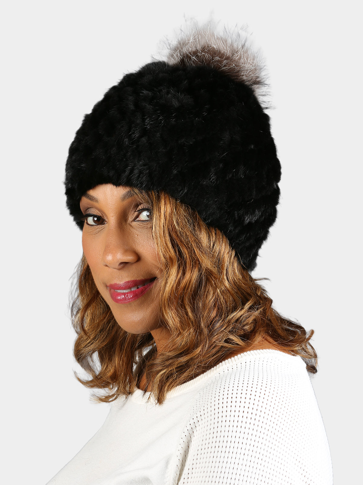 Women's Black Knitted Mink Fur Hat with Natural Silver Fox Fur Pom