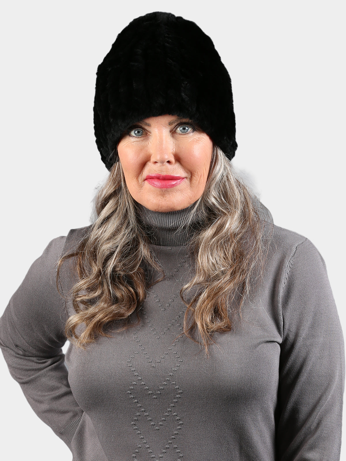 Women's Black Knitted Rex Fur Hat