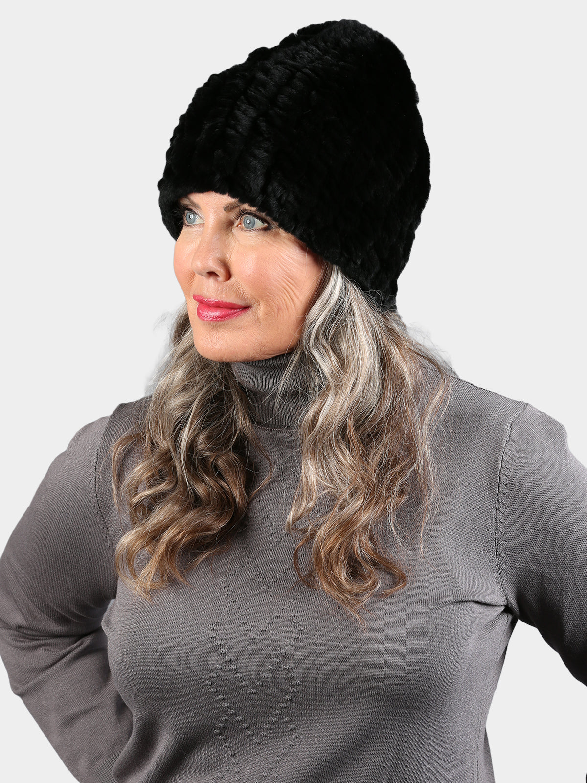 Women's Black Knitted Rex Fur Hat
