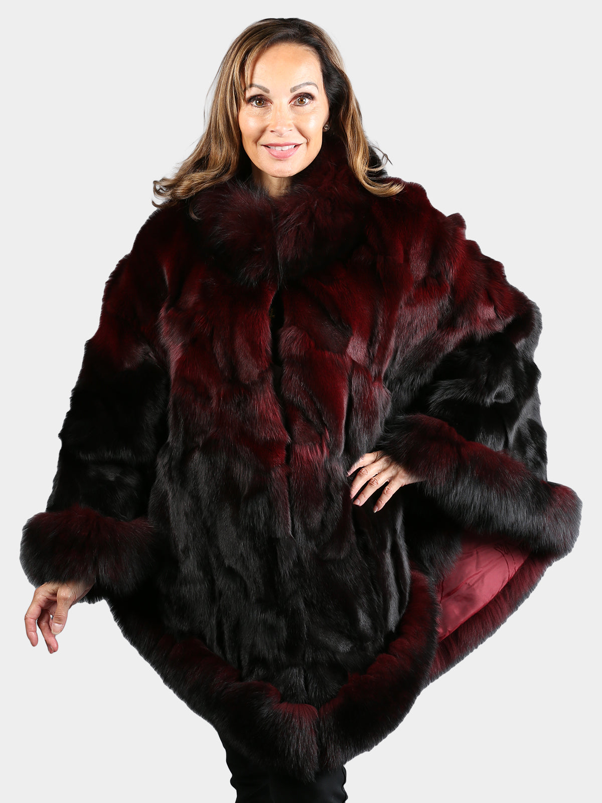 Women's Burgundy Fox Section Fur Poncho