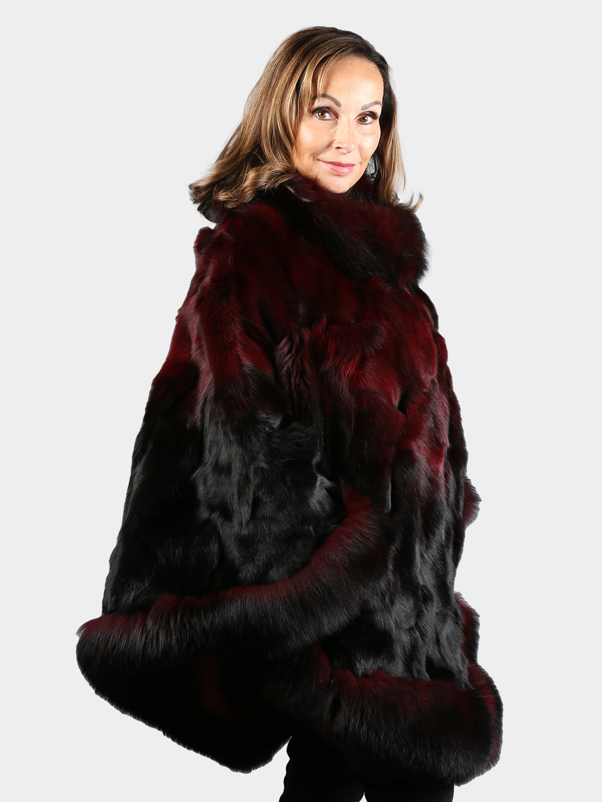 Women's Burgundy Fox Section Fur Poncho