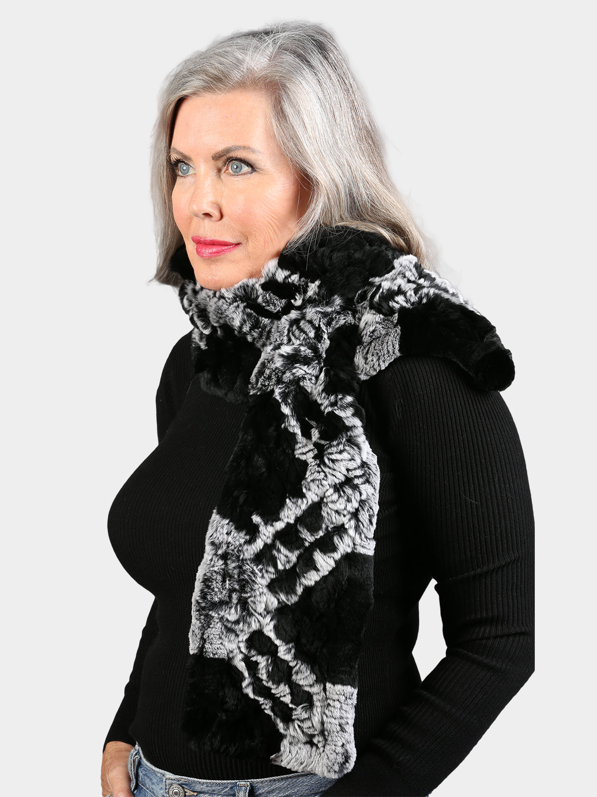 Women's Black & Snowtop Knitted Rex Fur Scarf