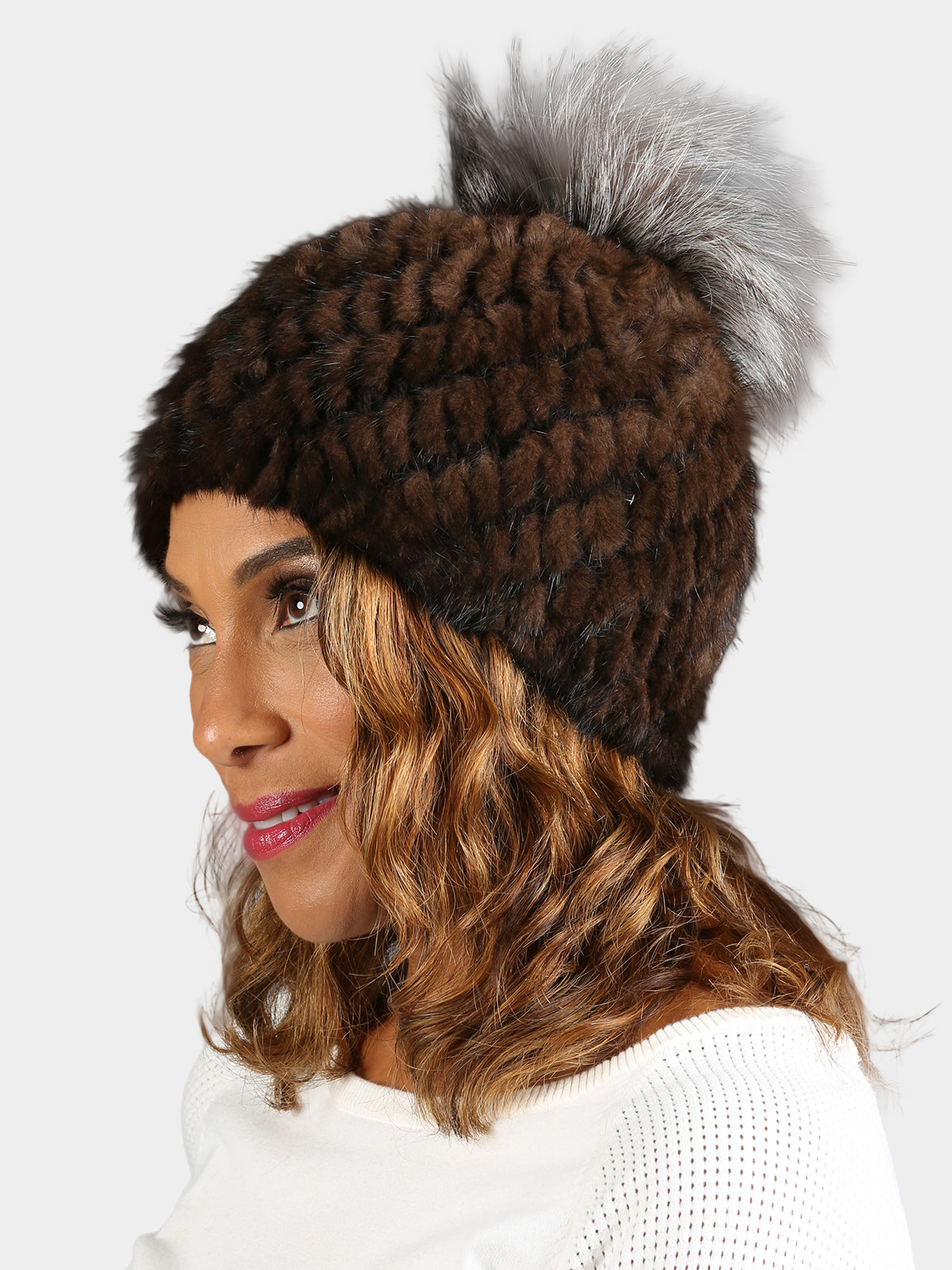 Women's Brown Knitted Mink Fur Hat with Fox Fur Pom
