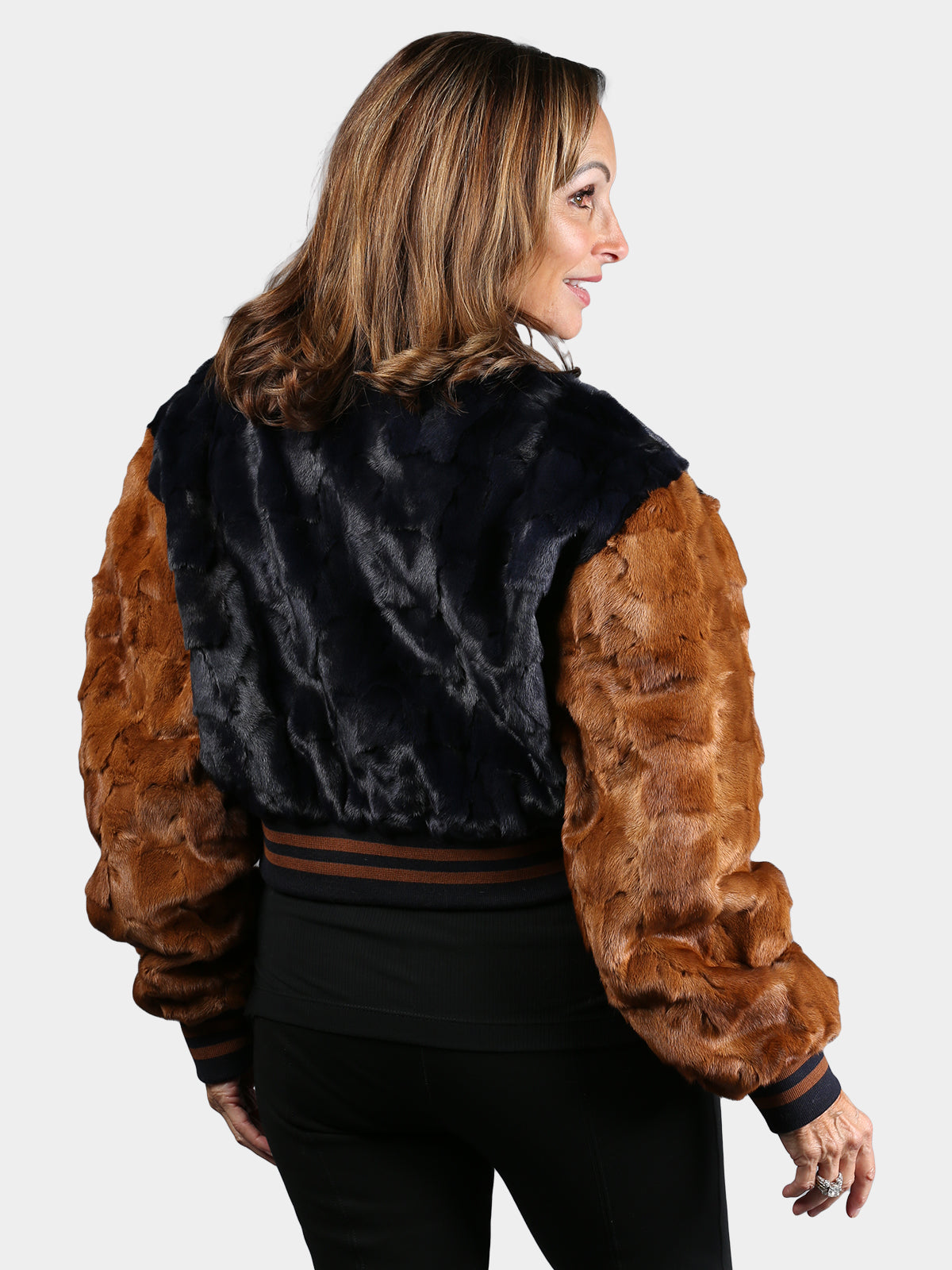 Women's Navy & Whiskey Mink Section Fur Jacket
