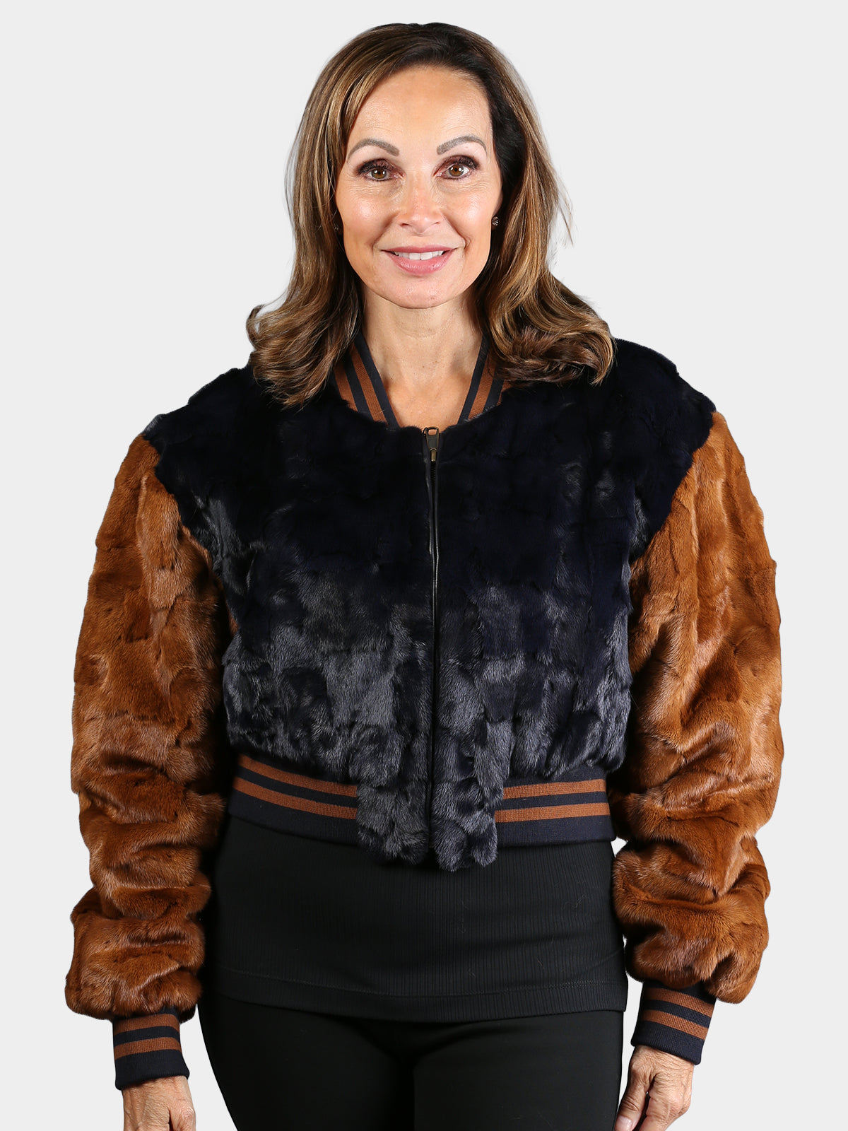 Women's Navy & Whiskey Mink Section Fur Jacket