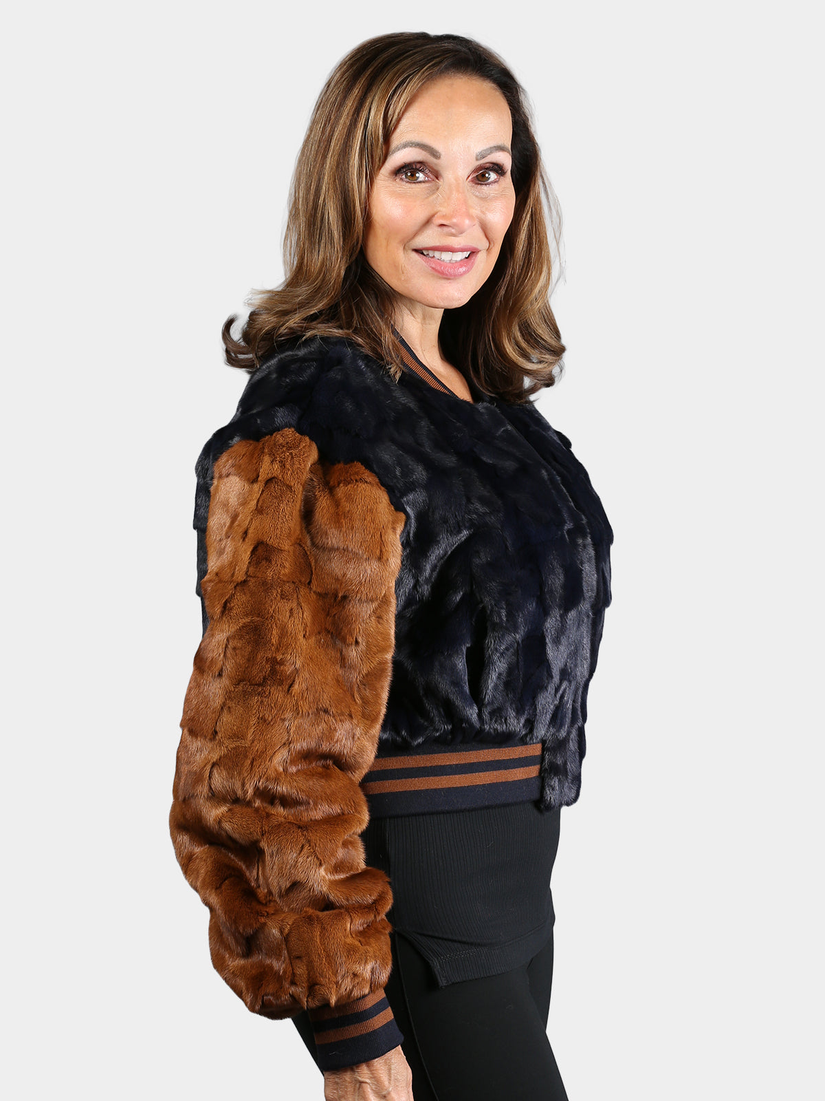 Women's Navy & Whiskey Mink Section Fur Jacket