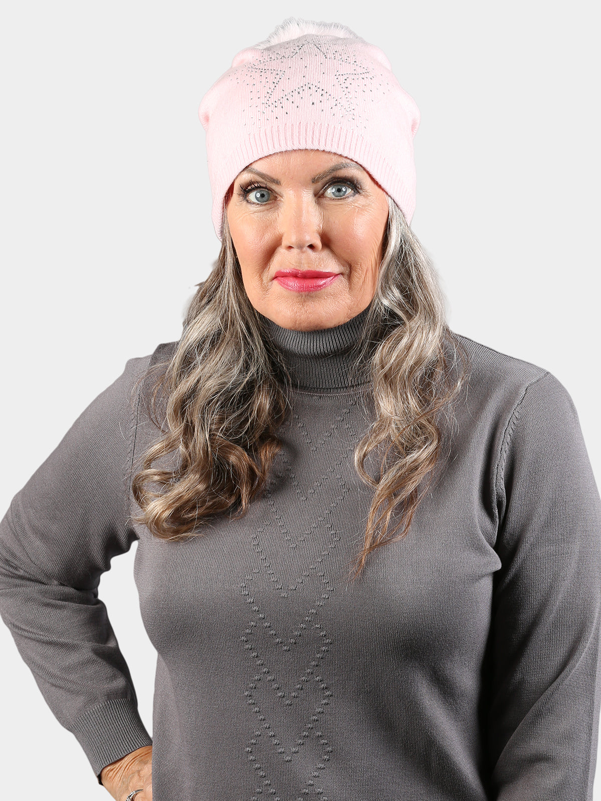 Women's Pint Knit Slouch Hat with Pink Fox Fur Pom