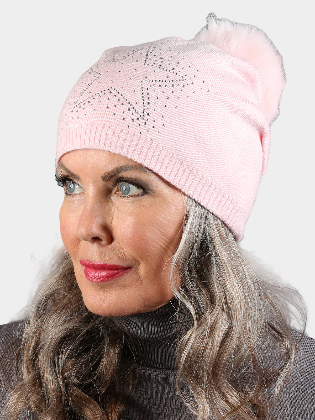 Women's Pint Knit Slouch Hat with Pink Fox Fur Pom