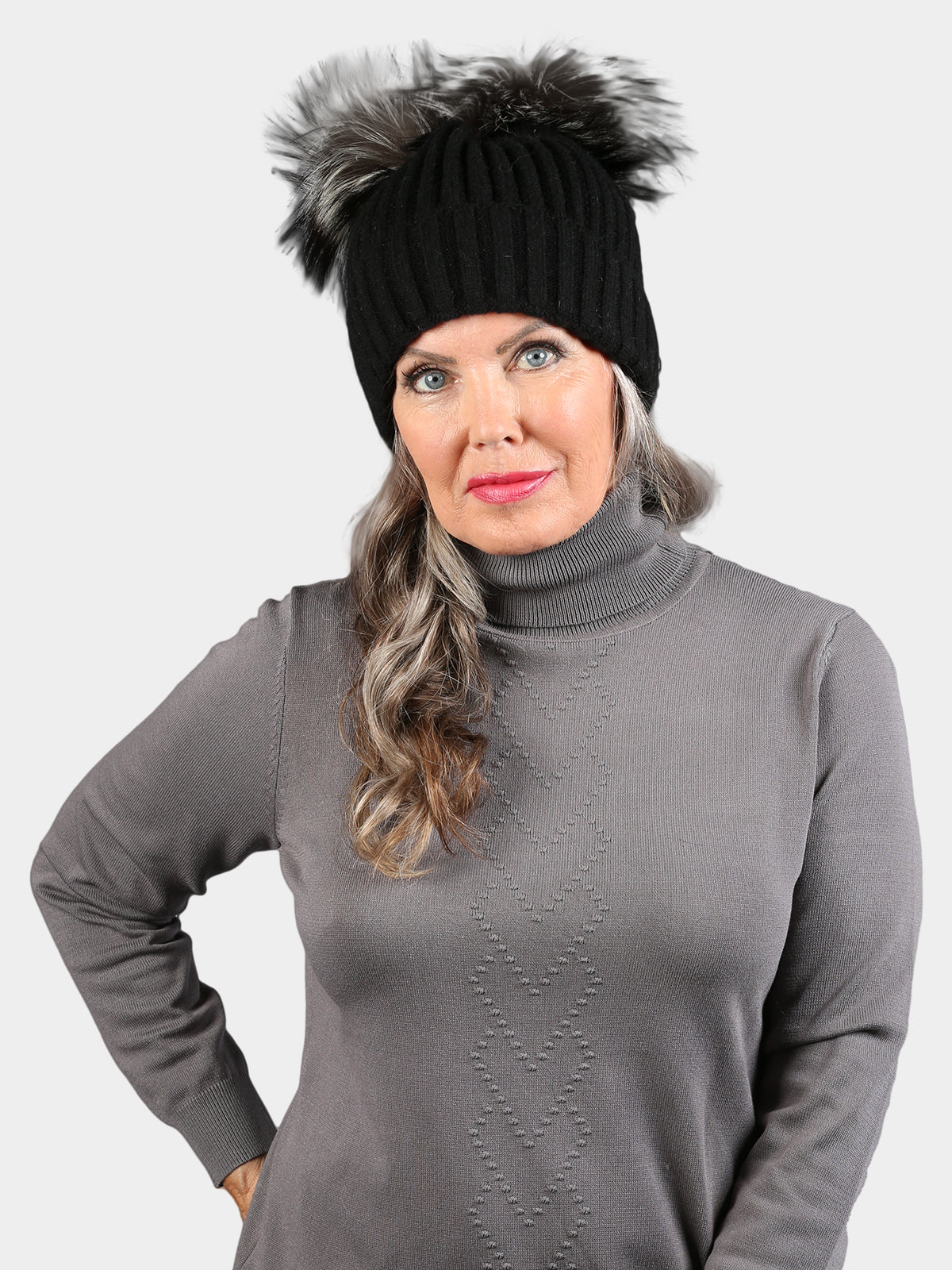Women's Black Wool Hat with Natural Silver Fox Fur Poms