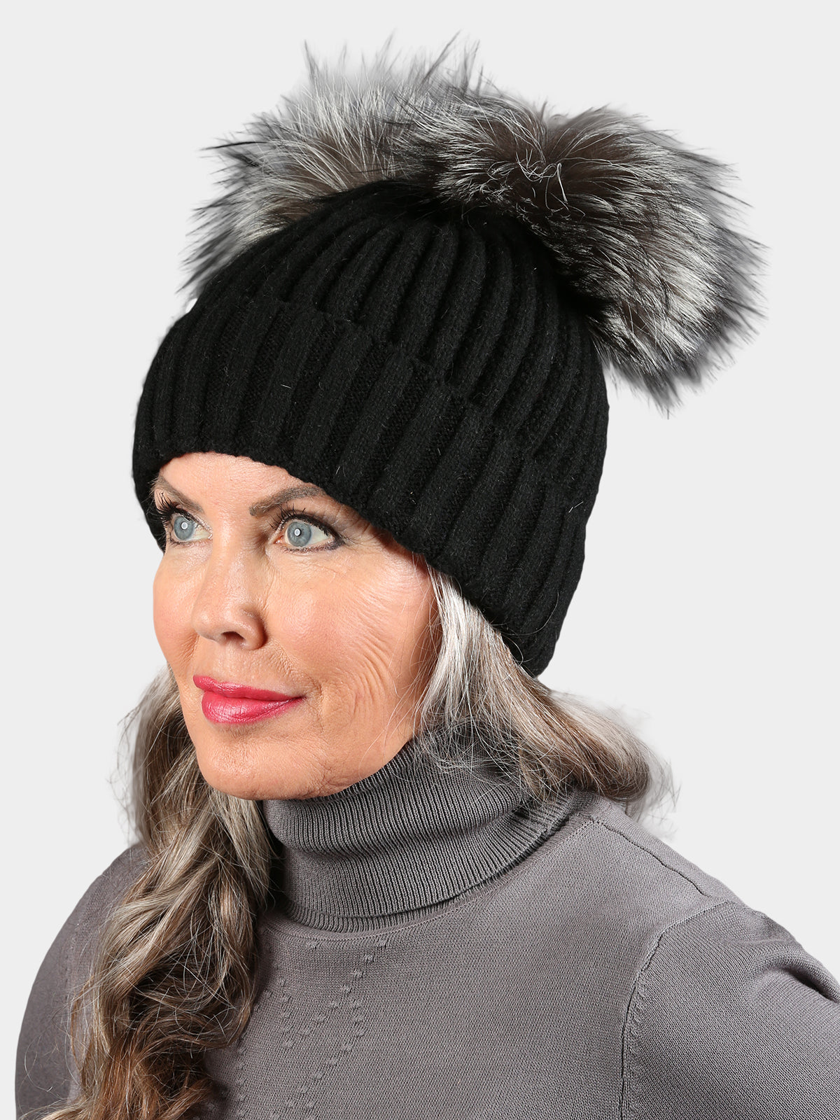 Women's Black Wool Hat with Natural Silver Fox Fur Poms