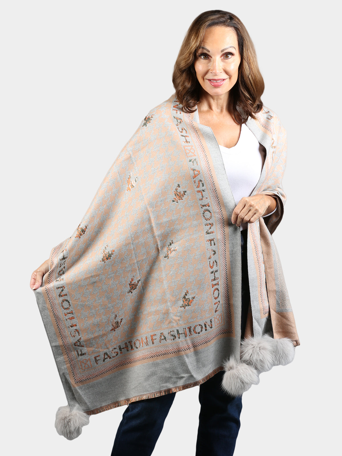 Women's Light Brown & Gray Scarf with Fox Fur Poms