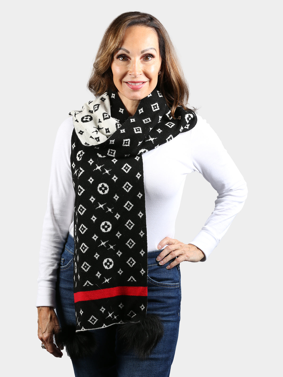 Women's Black & White Knit Scarf with Black Fox Fur Poms