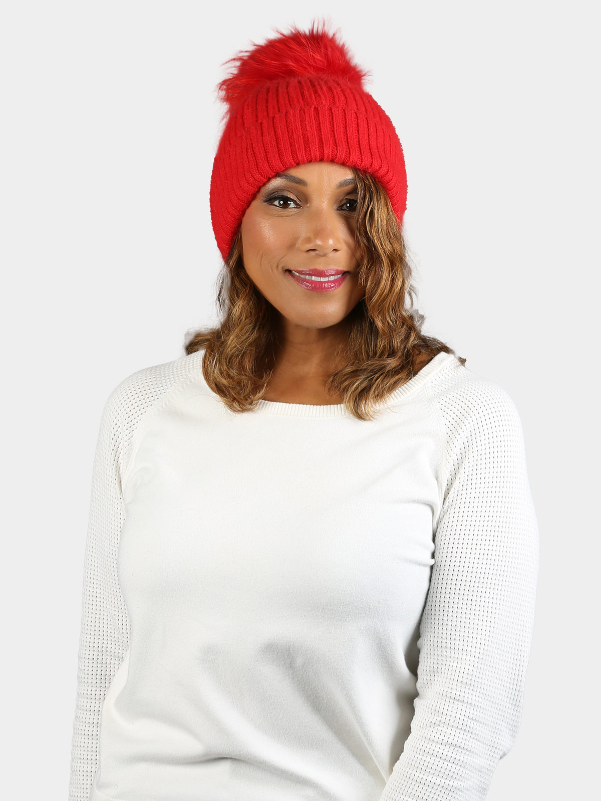 Women's Red Angora Hat with Dyed Red Fox Fur Pom