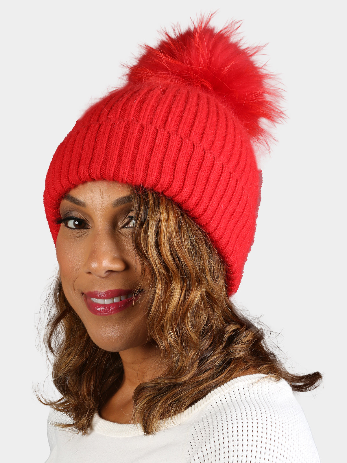 Women's Red Angora Hat with Dyed Red Fox Fur Pom