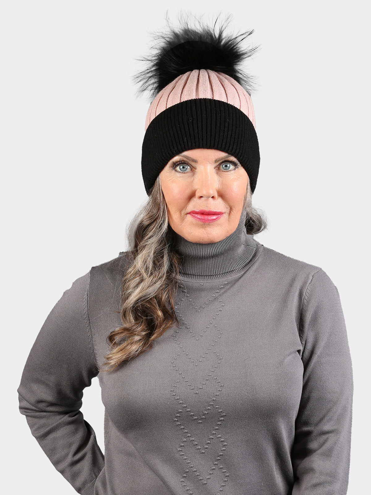 Women's Black & Pink Hat with Black Fox Fur Pom