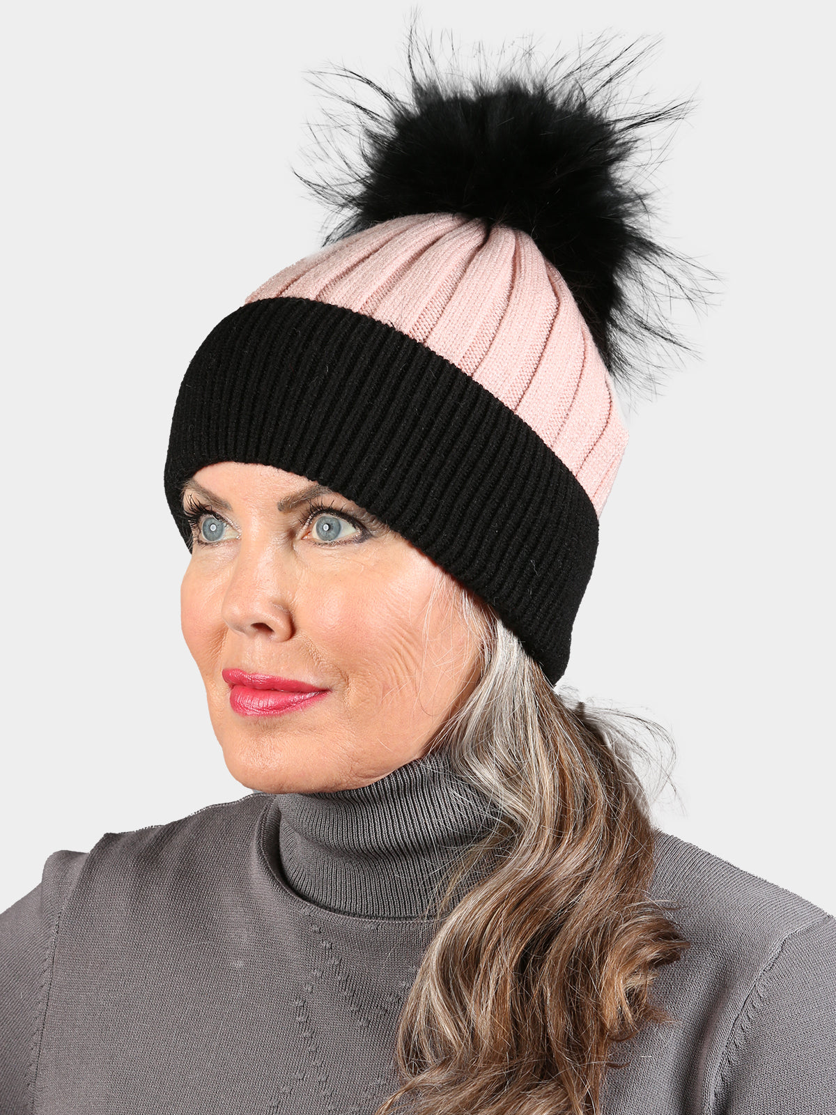 Women's Black & Pink Hat with Black Fox Fur Pom