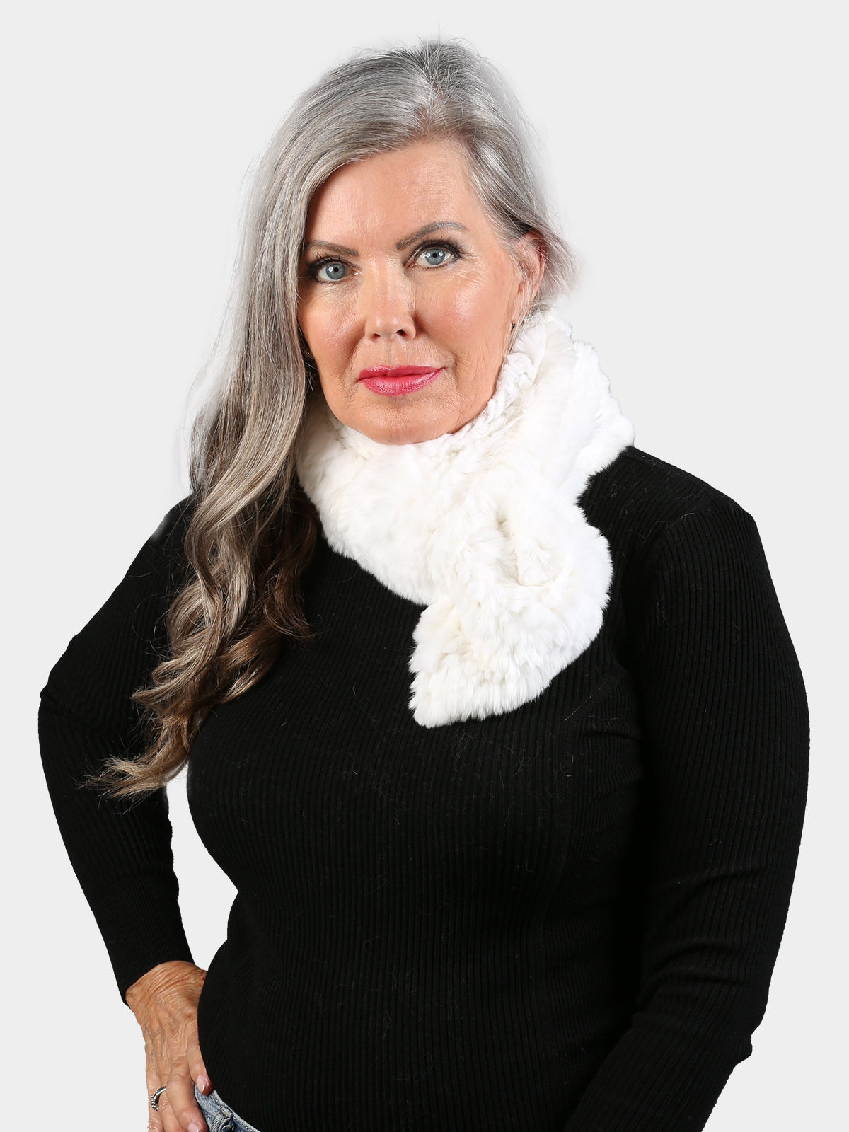 Women's White Knitted Rex Fur Scarf