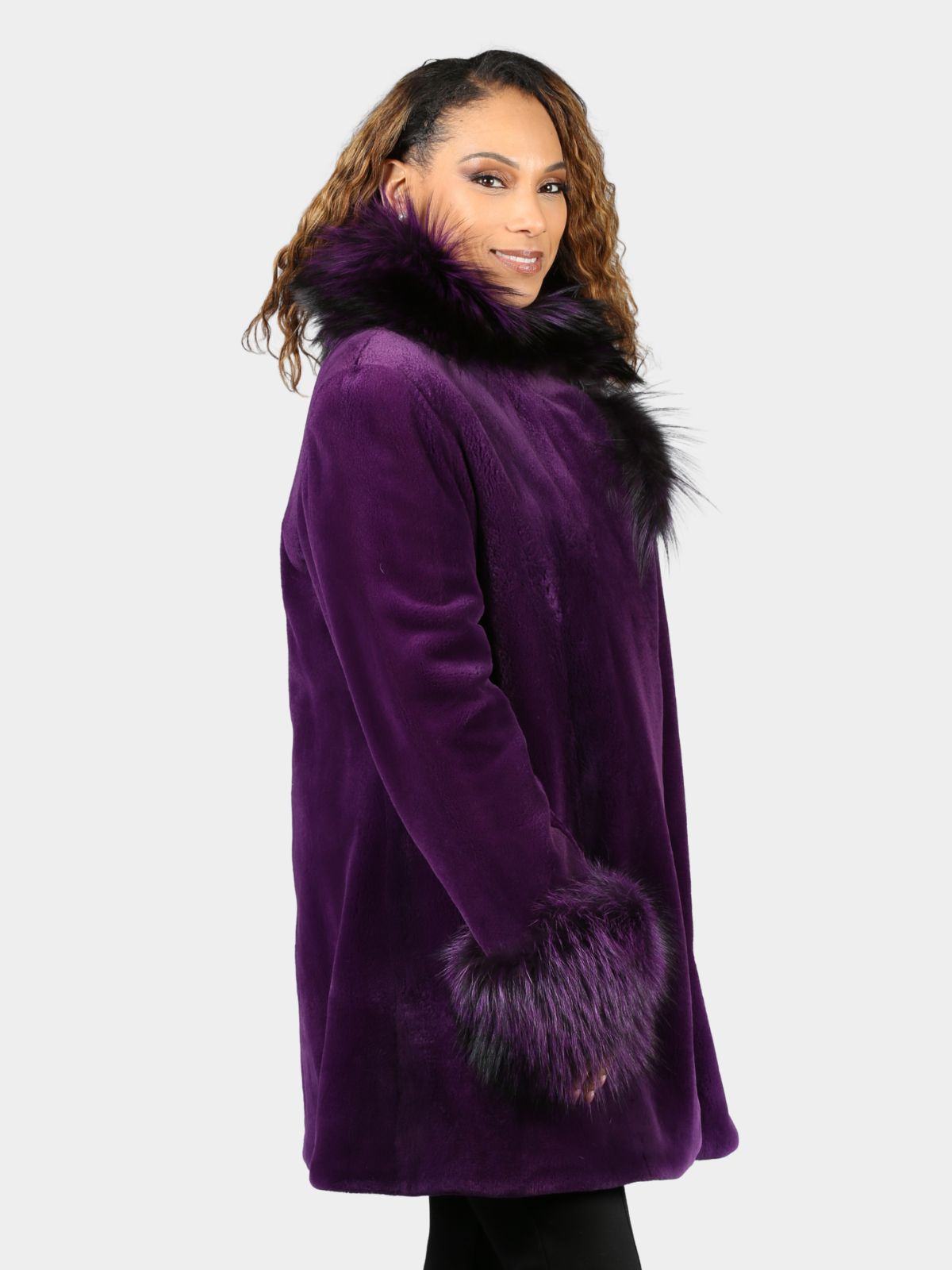 Women's Royal Purple Sheared Mink Fur Stroller with Fox
