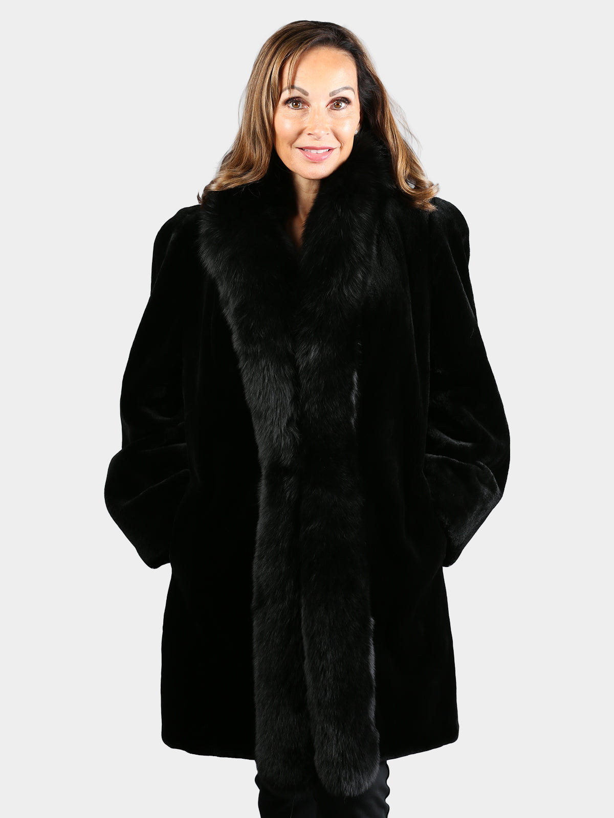 Women's Black Sheared Mink Stroller with Black Fox Tuxedo