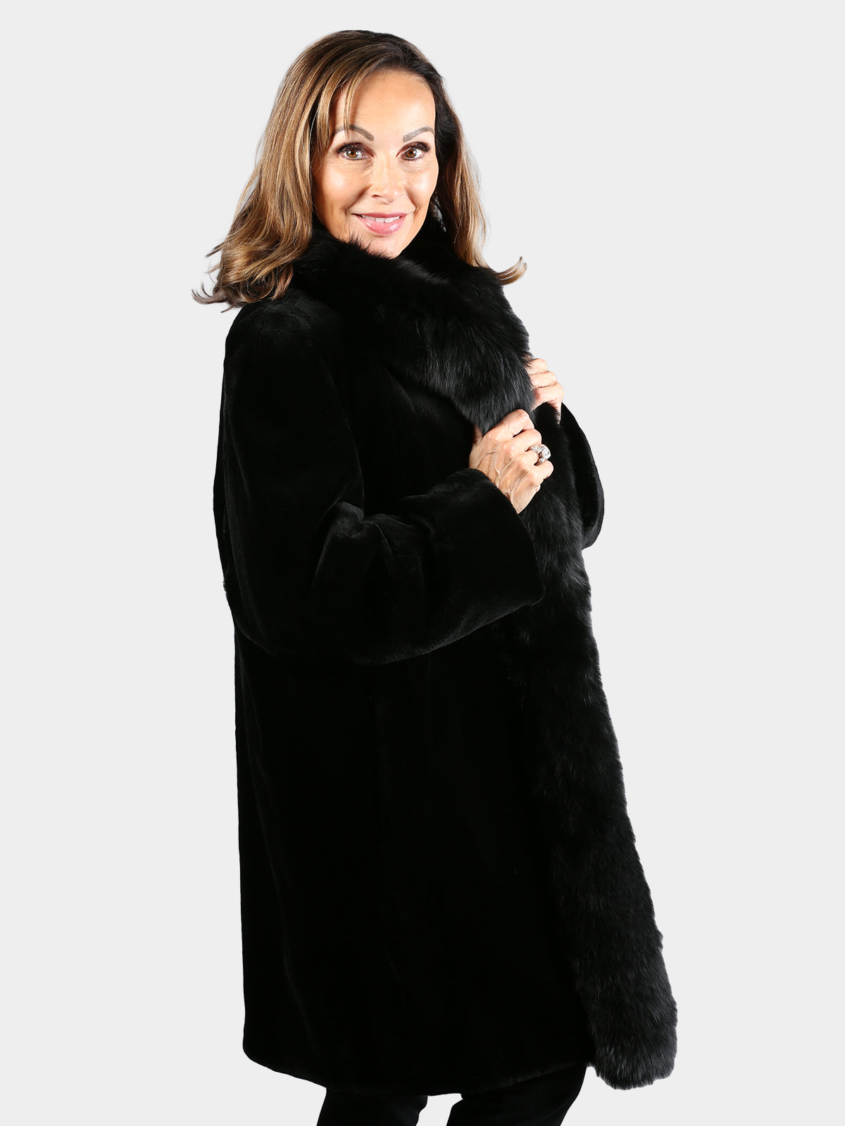 Women's Black Sheared Mink Stroller with Black Fox Tuxedo