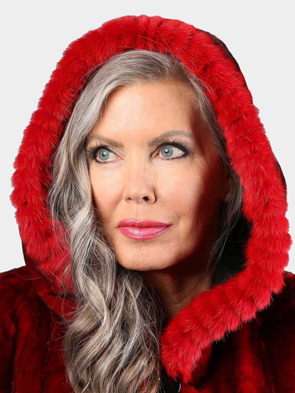 Women's Dyed Red Sculptured Sheared Mink Stroller with Hood