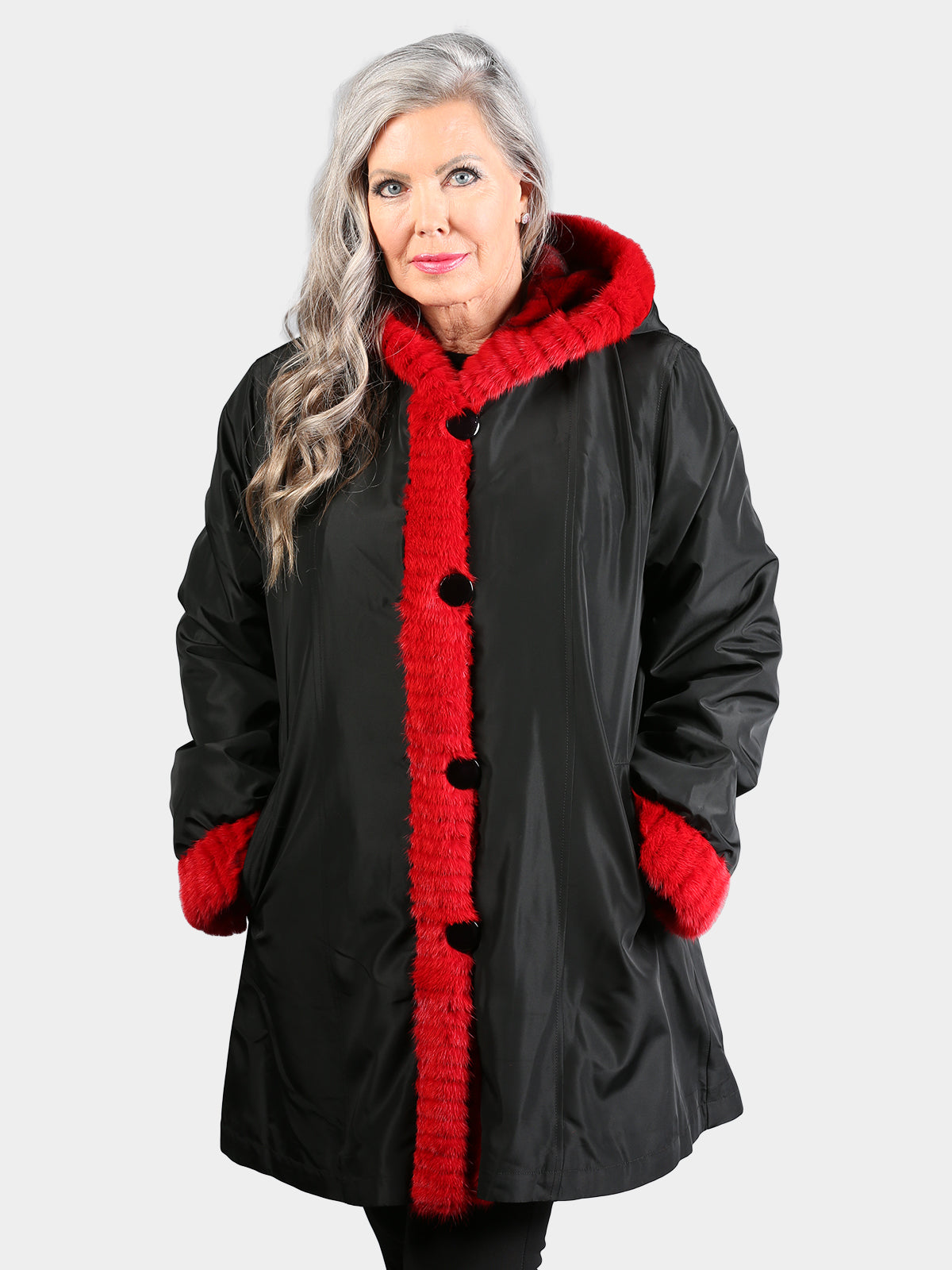 Women's Dyed Red Sculptured Sheared Mink Stroller with Hood