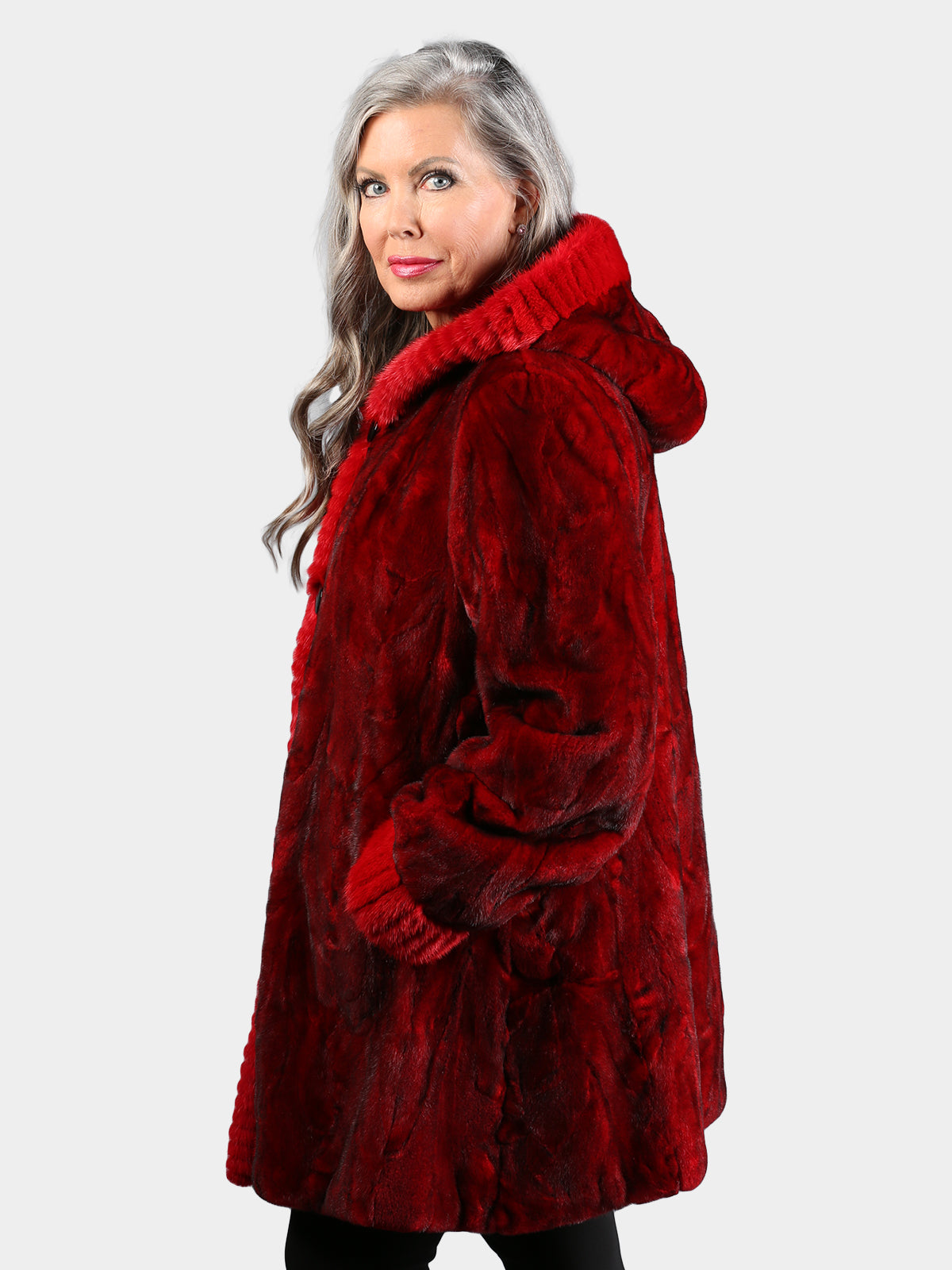 Women's Dyed Red Sculptured Sheared Mink Stroller with Hood