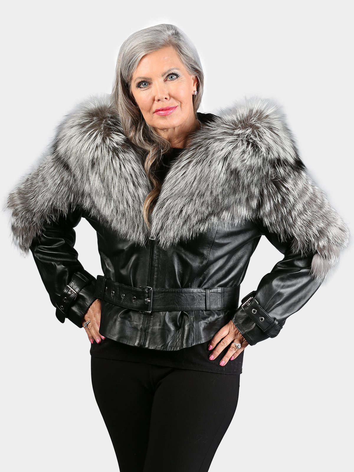 Women's Black Leather Jacket with Silver Fox Trim