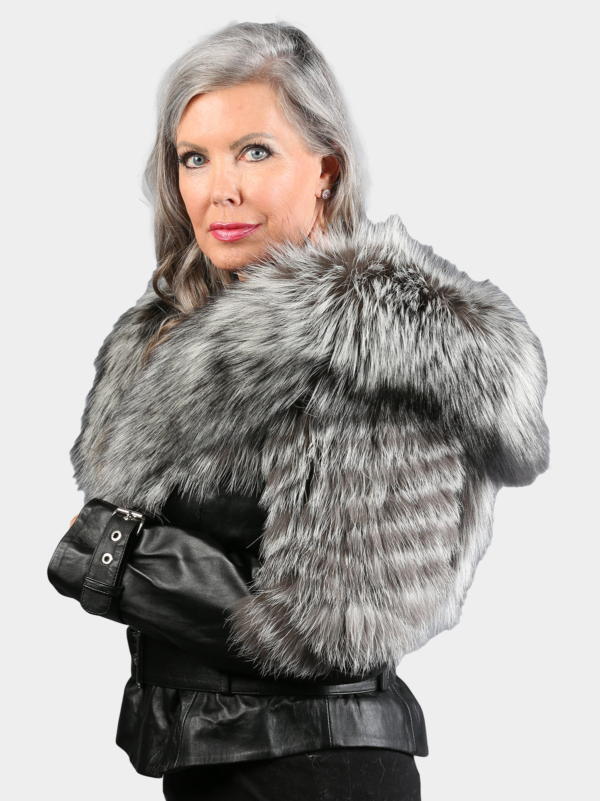 Women's Black Leather Jacket with Silver Fox Trim