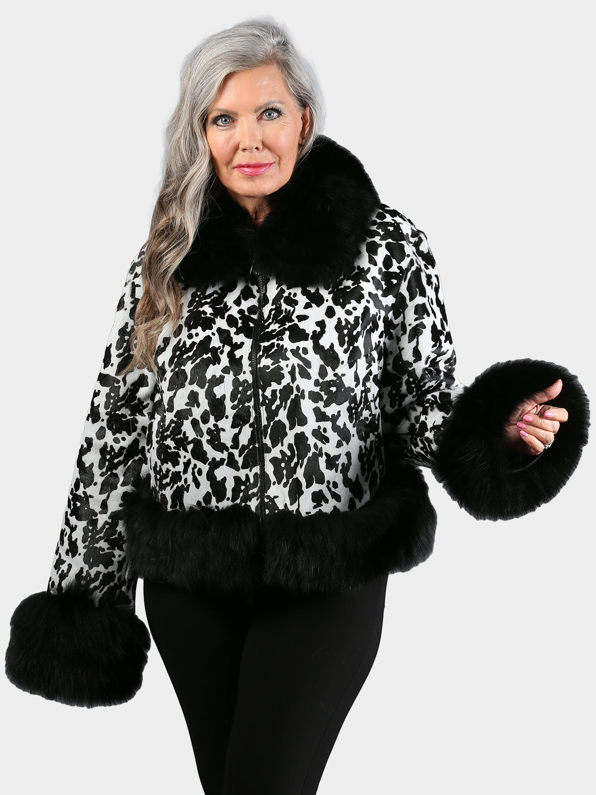 Women's Black & White Leopard Print Calf Skin Jacket with Fox Trim