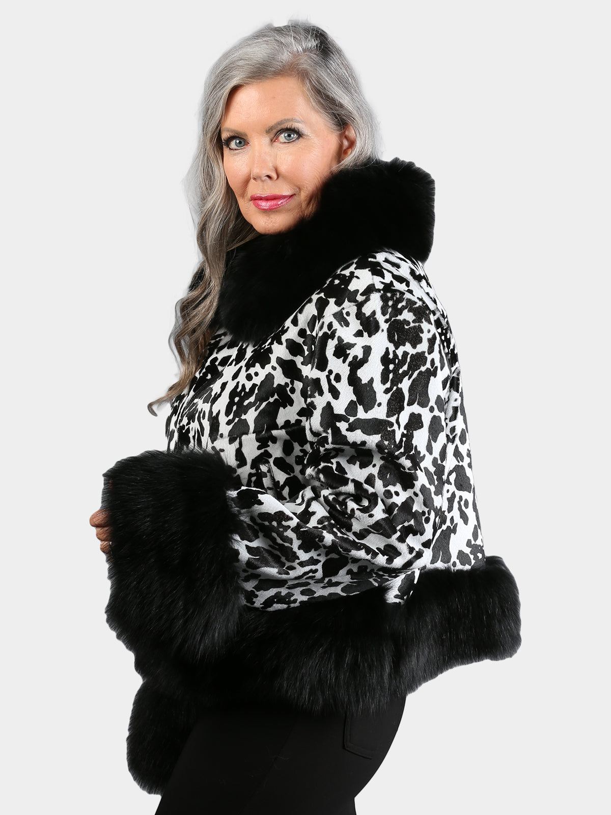 Women's Black & White Leopard Print Calf Skin Jacket with Fox Trim