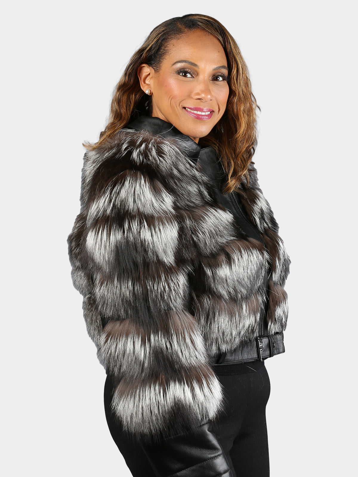 Women's Silver Fox Fur Jacket with Leather Trim