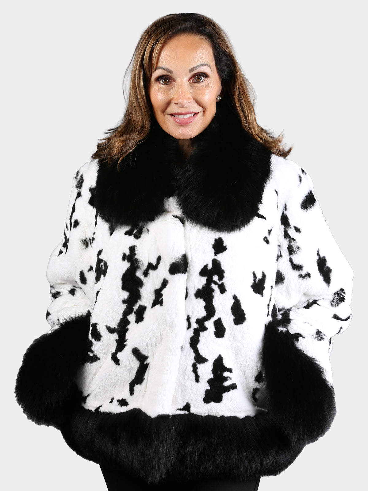 Women's Black & White Animal Print Rabbit Fur Jacket