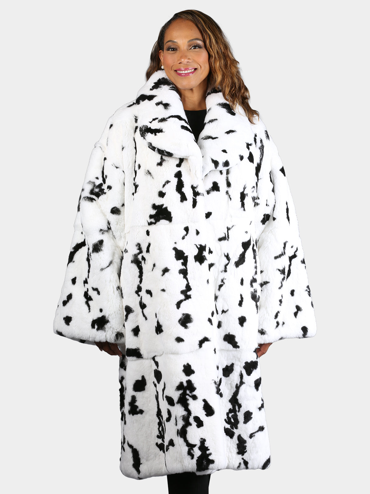 Women's Black & White Animal Print Rabbit Fur Coat
