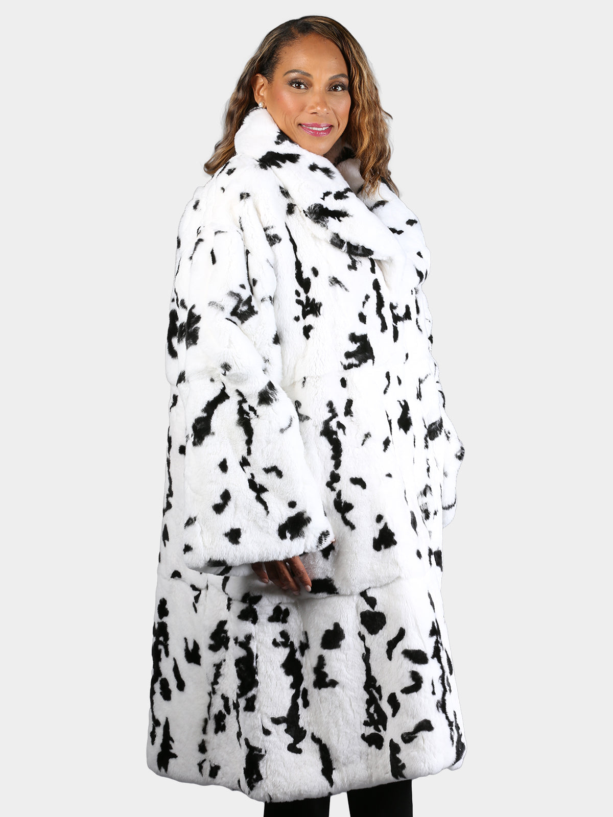 Women's Black & White Animal Print Rabbit Fur Coat