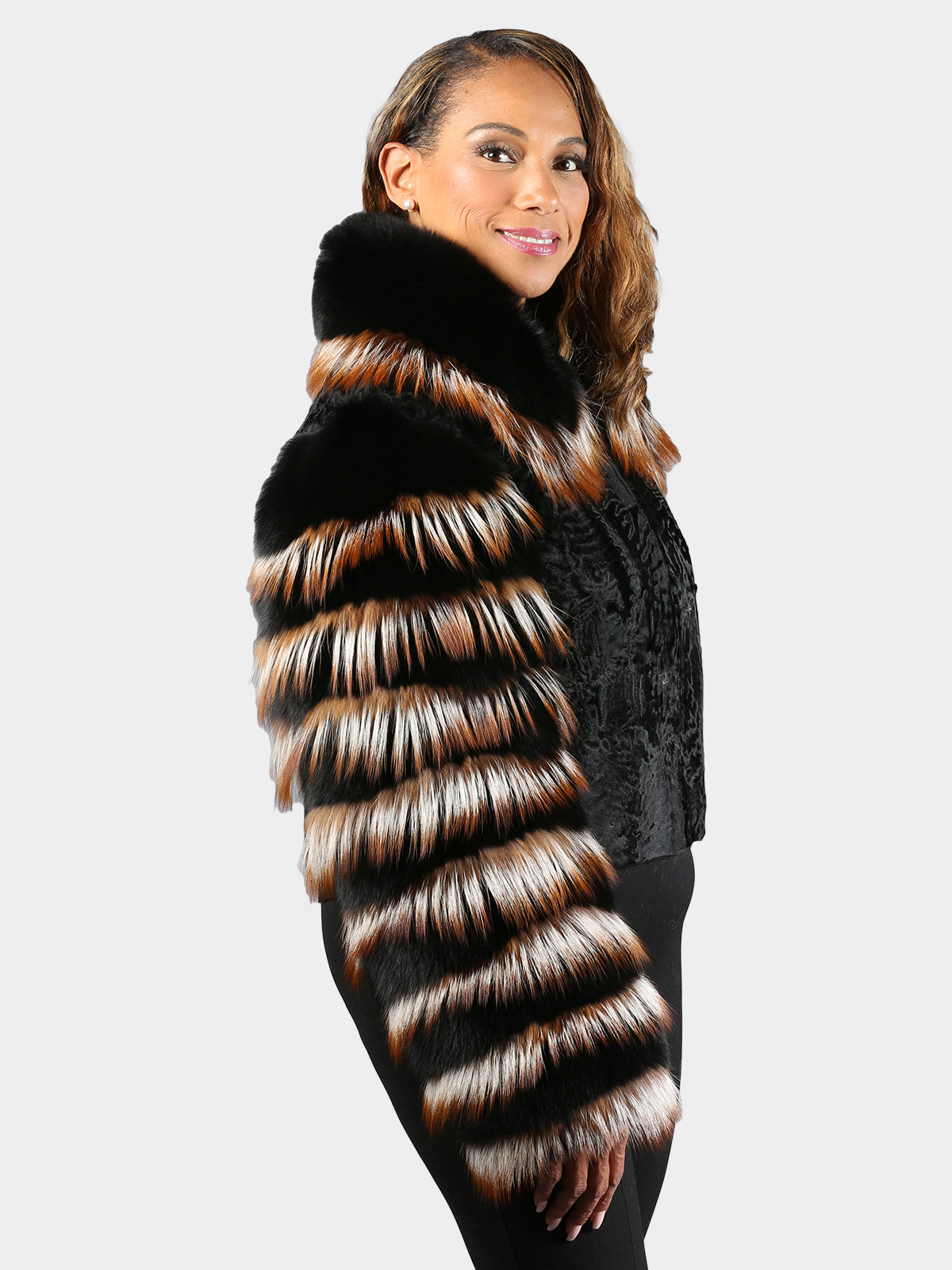 Women's Swakara Lamb Fur Jacket with Fox Trim