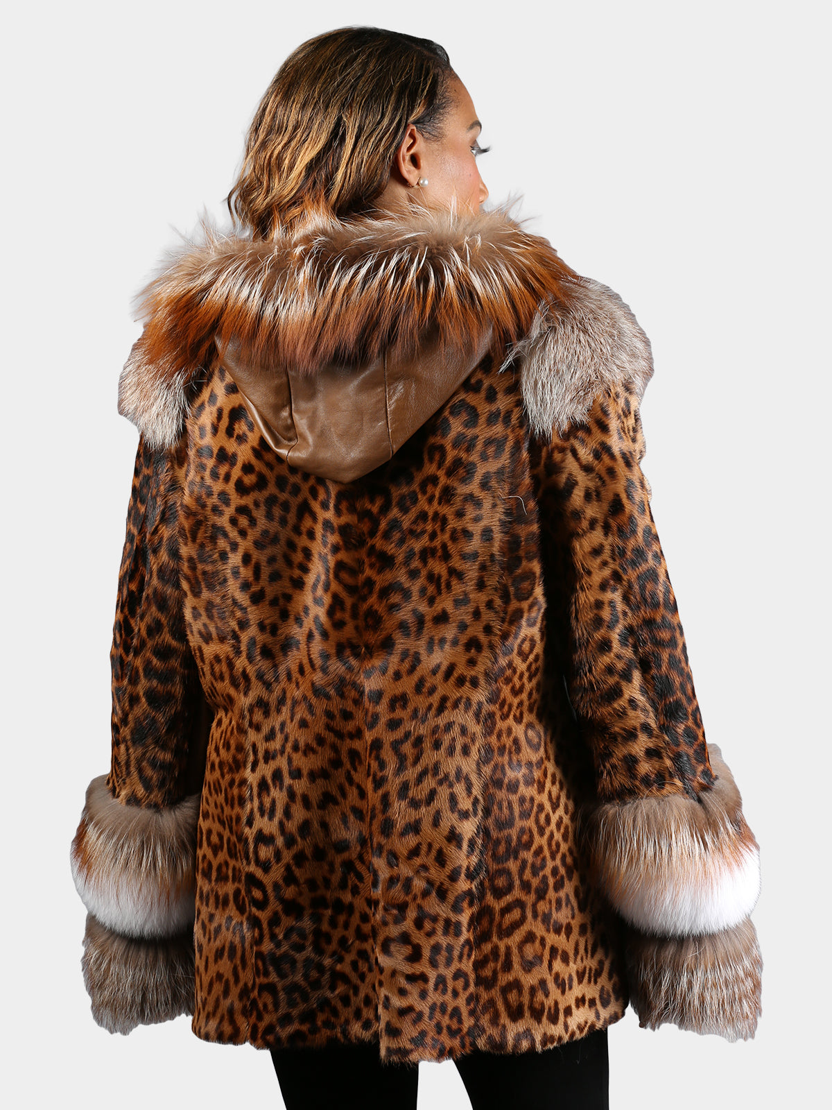 Women's Dyed Brown Animal Print Calf Fur Jacket