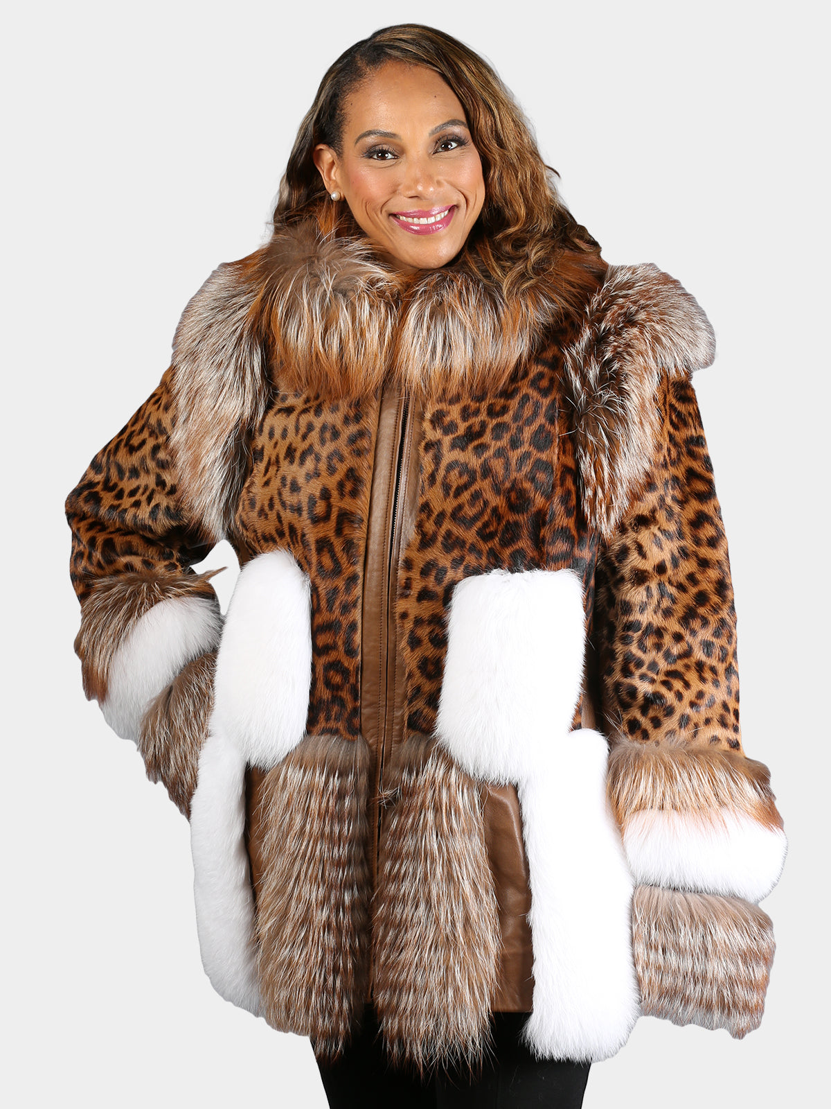 Women's Dyed Brown Animal Print Calf Fur Jacket