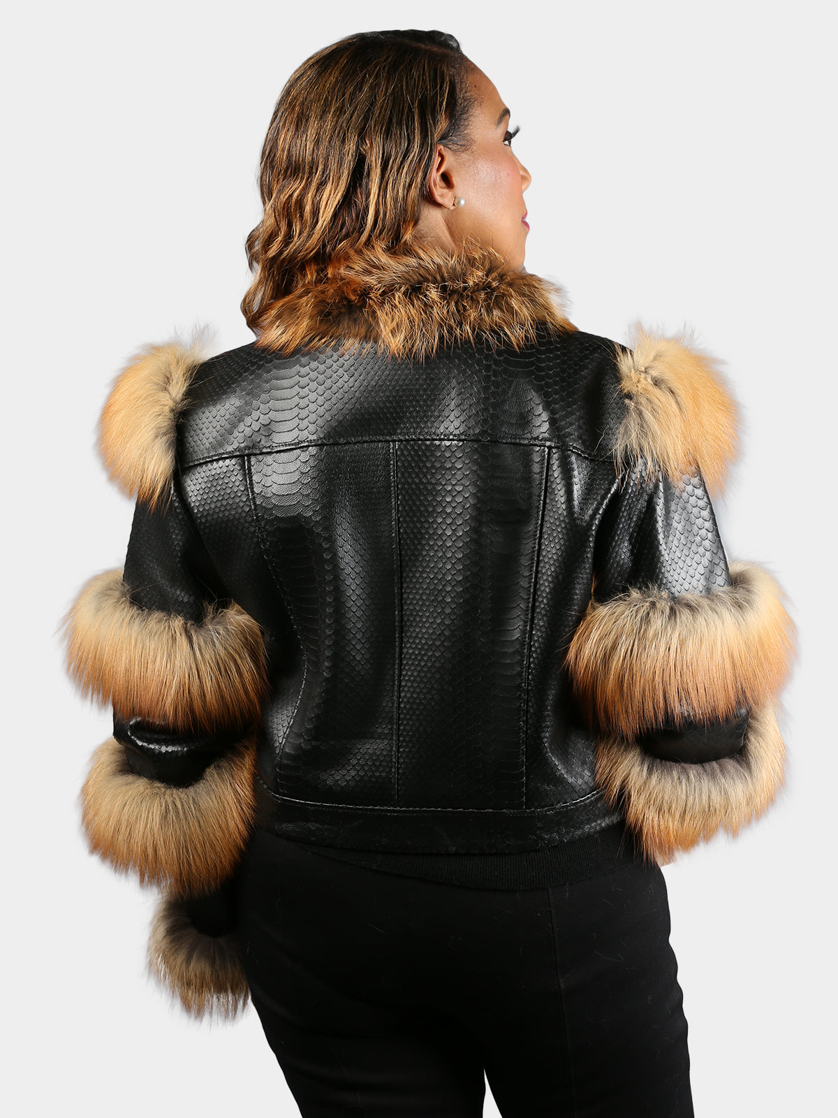 Women's Black Leather Jacket with Red Fox Fur Trim