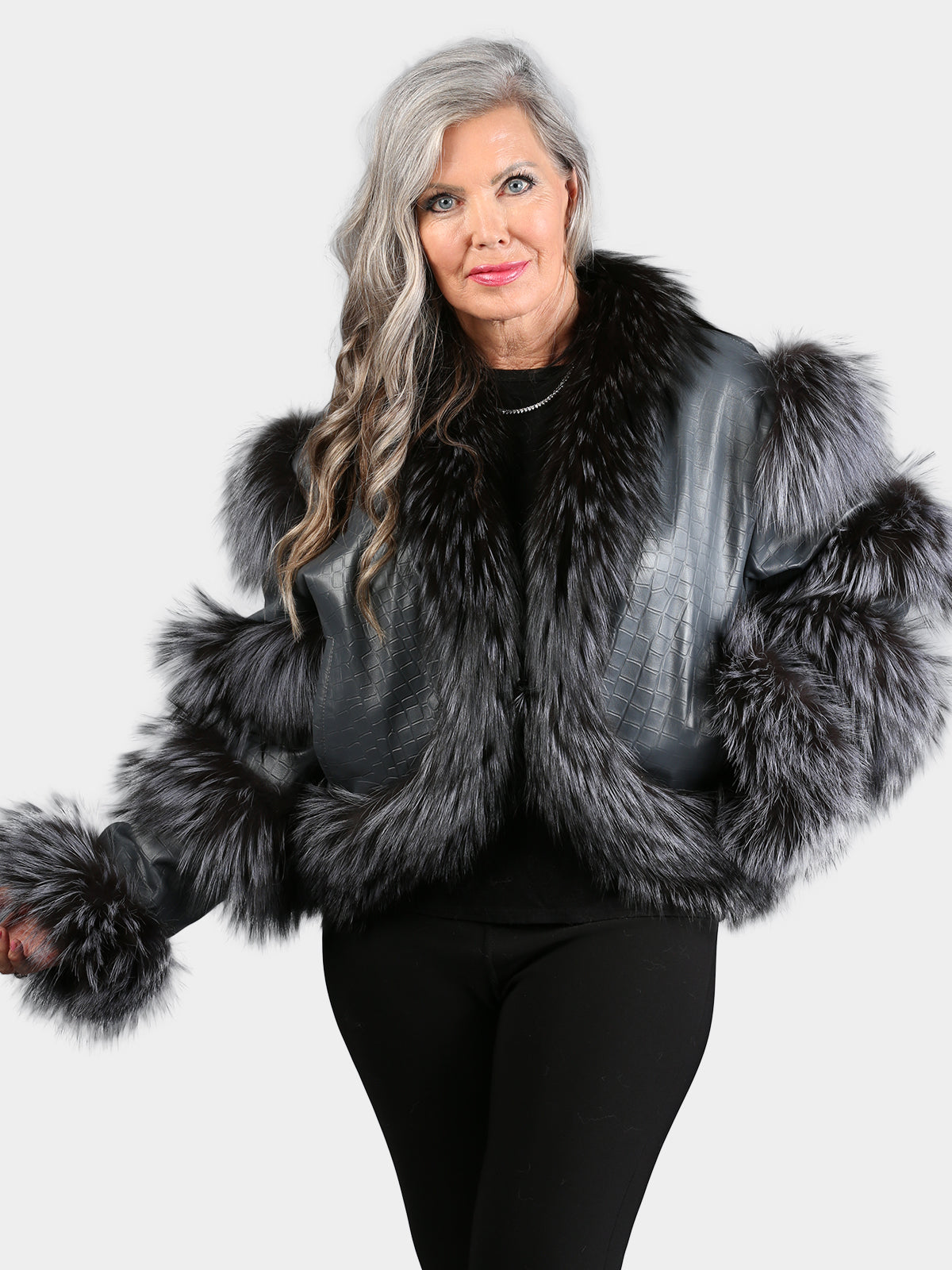Women's Croc Embossed Gray Leather Jacket with Dyed Gray Fox Trim