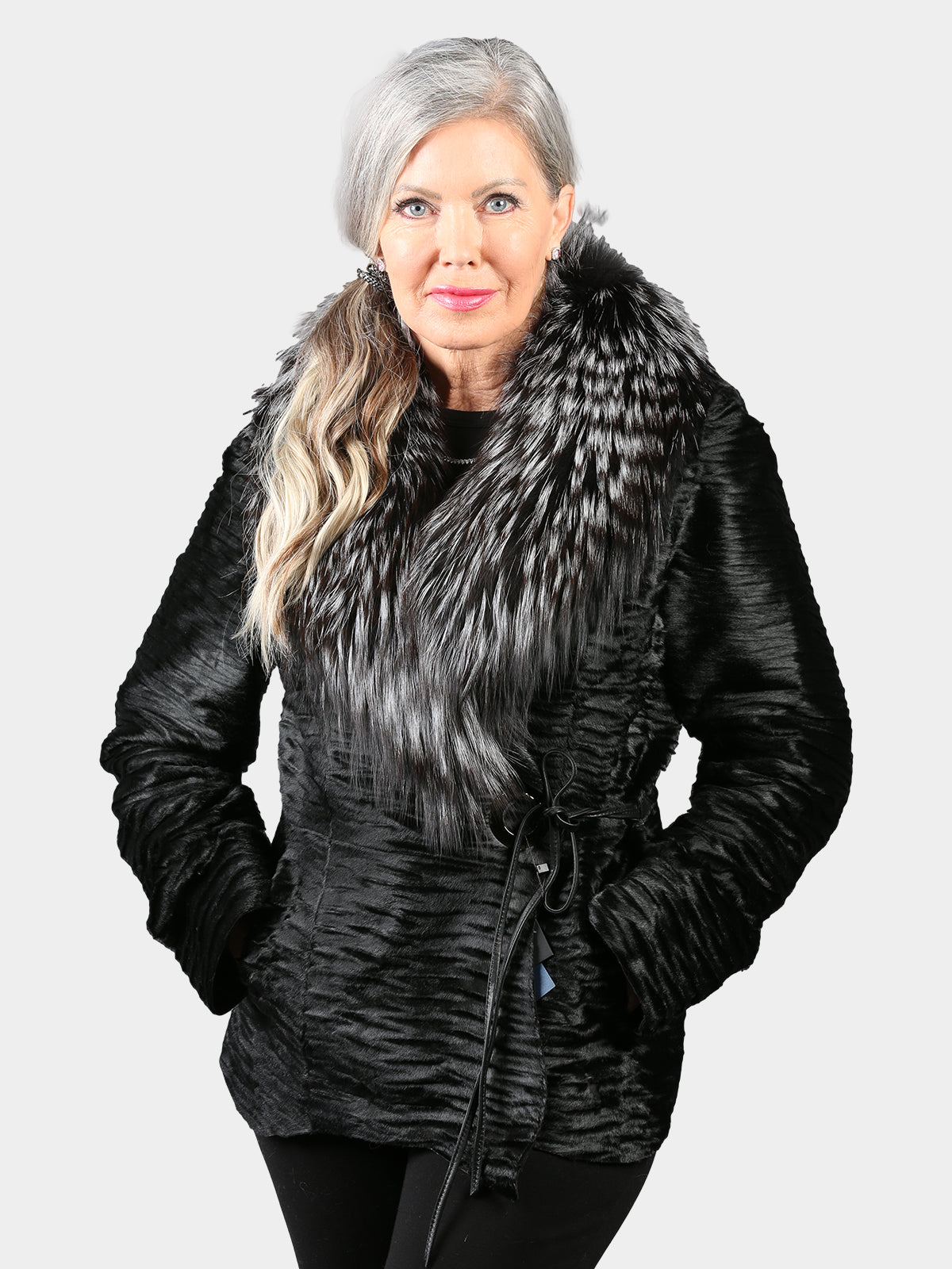 Woman's Black Pleated Calfskin Leather Jacket