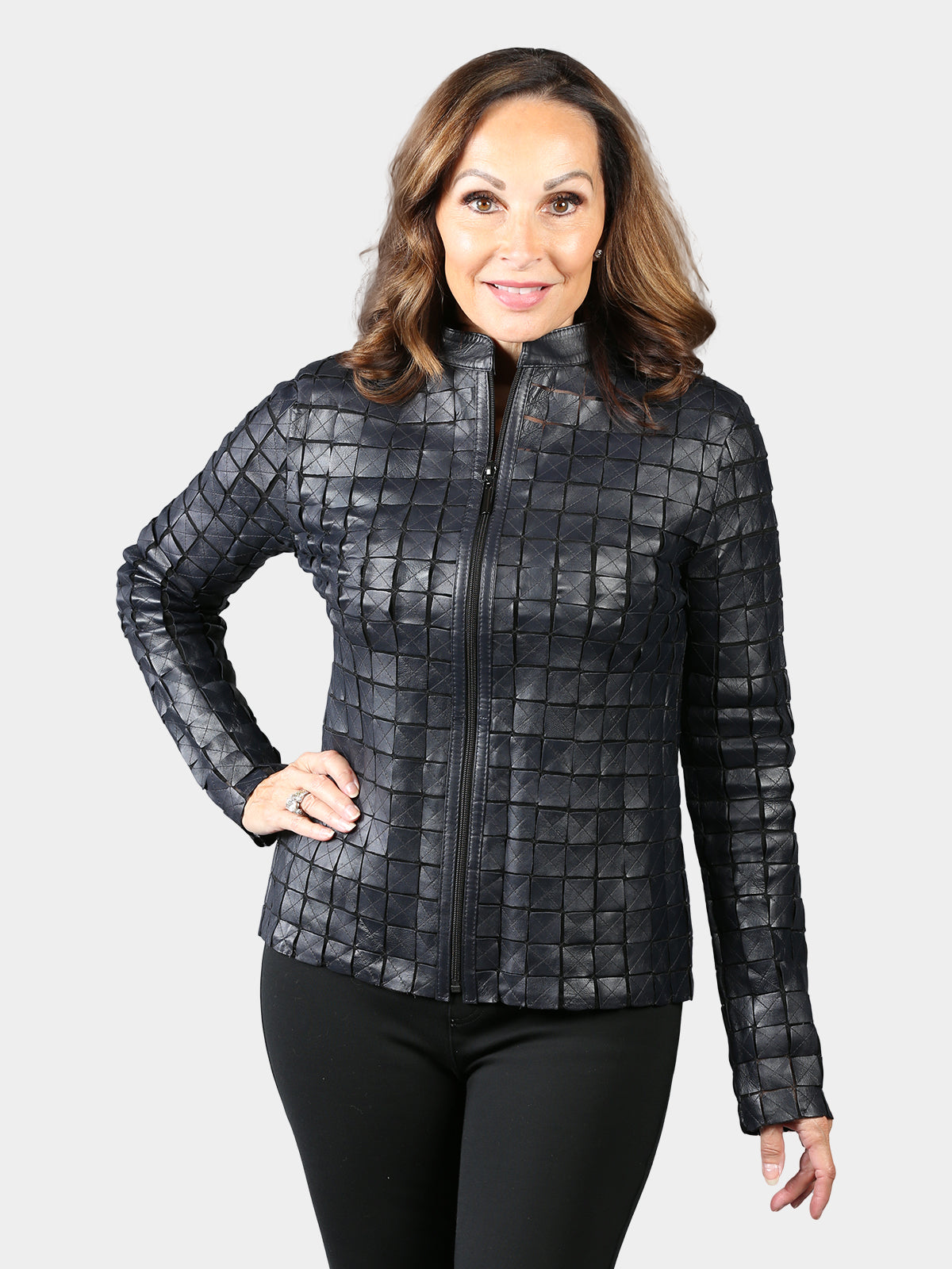 Woman's Navy Blue Lambskin Leather Squares Jacket