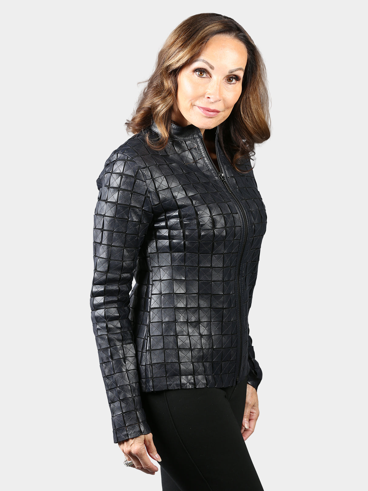 Woman's Navy Blue Lambskin Leather Squares Jacket