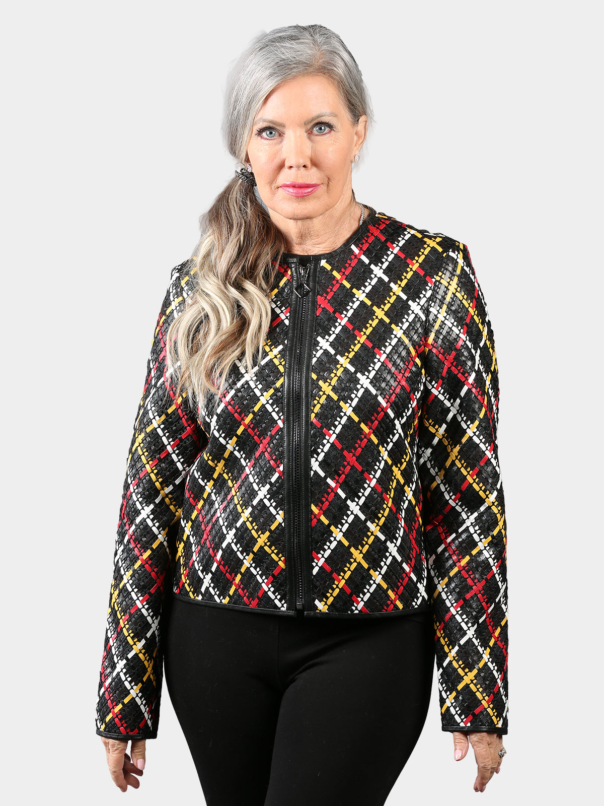 Woman's Red Trio Knit Lambskin Leather Jacket