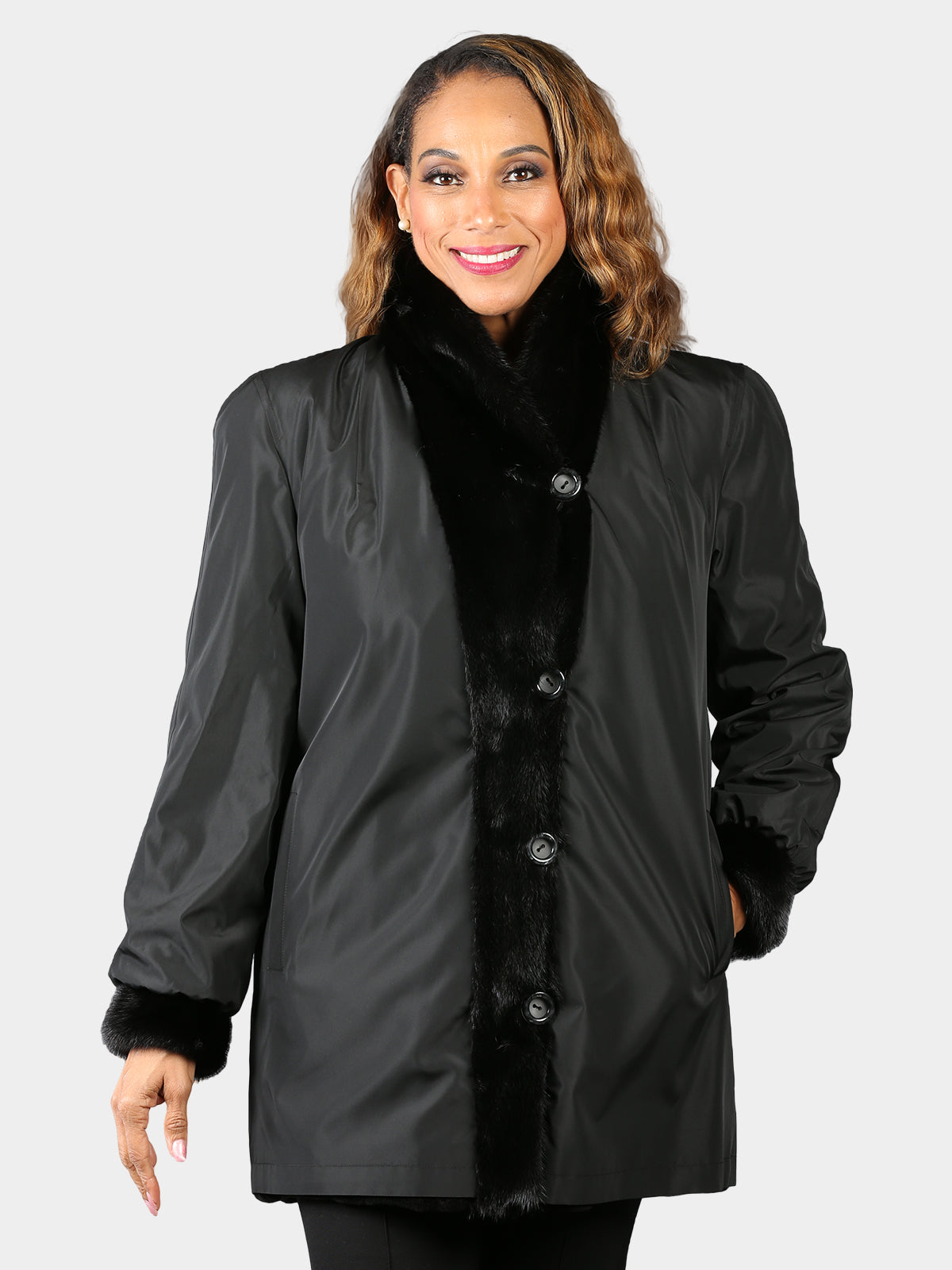 Woman's Ranch Sheared Mink Fur Stroller Reversible to Black Taffeta